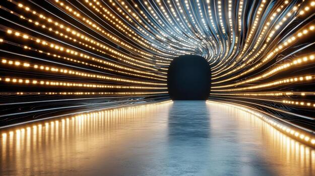 Glowing lines create dynamic tunnel effect with bright lights in dark space photo