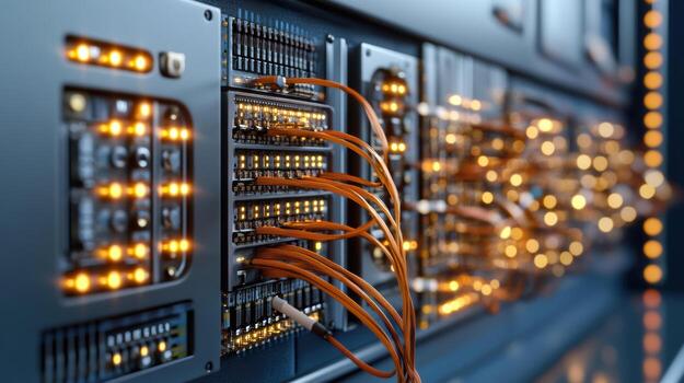 High tech server room with glowing wires and illuminated circuit boards, showcasing advanced photo