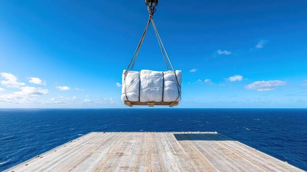 Cargo delivery via helicopter sling load showcases large bundle suspended over ocean photo