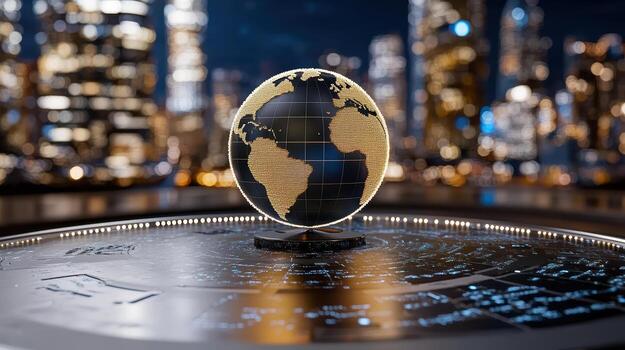 Rotating globe with illuminated continents showcases modern city skyline night, symbolizing photo