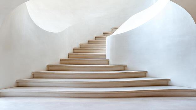 Modern staircase design with smooth curves and soft lighting creates inviting atmosphere photo