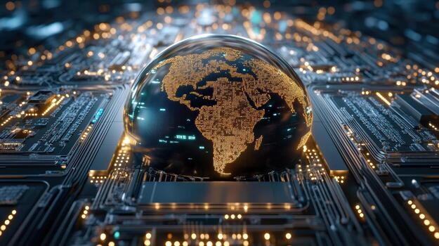 Glowing globe representing Africa sits on circuit board, symbolizing technology and connectivity photo