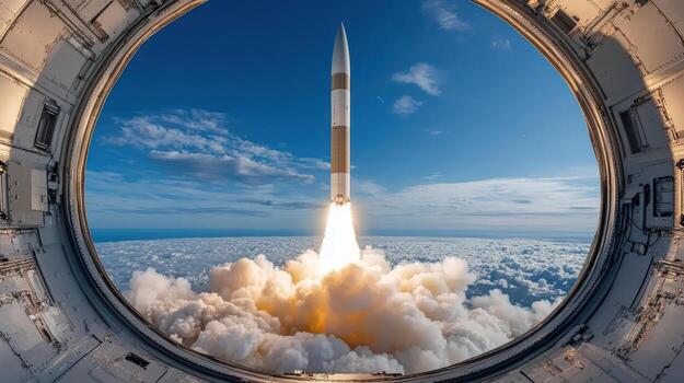cohete lanzamiento ver desde astronave ventana, exhibiendo poderoso ascenso dentro cielo foto