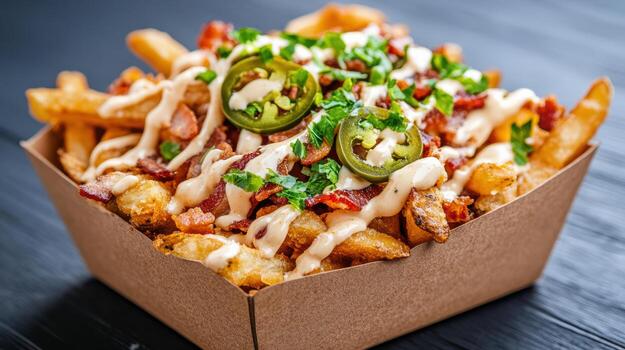 Loaded fries topped with bacon, cheese, jalapenos, and ranch dressing create delicious treat photo