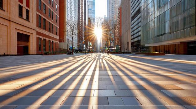 Sunlight casts long shadows across urban street, creating dramatic skyline effect photo