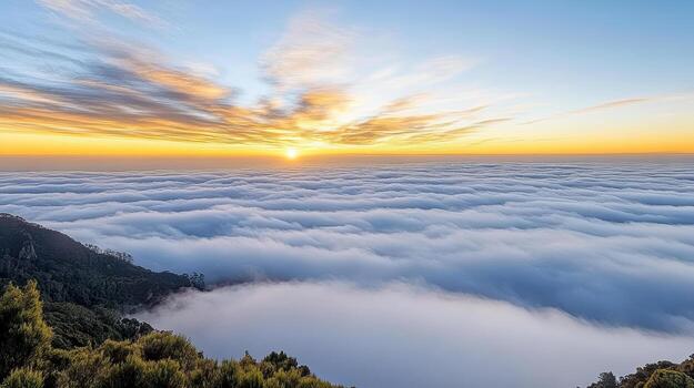 Majestic sunrise over sea of clouds, creating serene and tranquil atmosphere photo