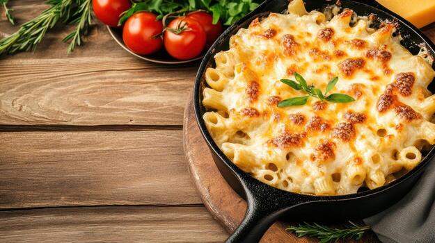 Creamy mac and cheese in cast iron skillet topped with melted cheese and herbs photo