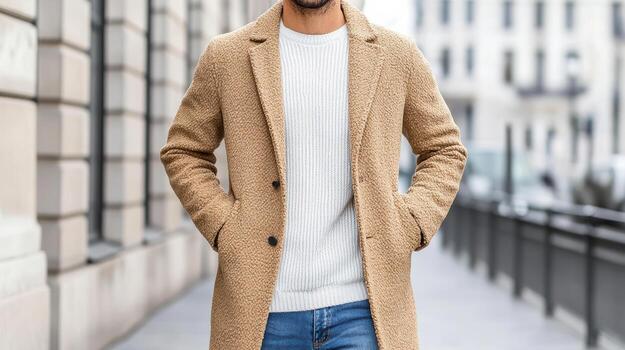 Stylish man in tailored coat made from soft fabric, paired with cozy sweater photo