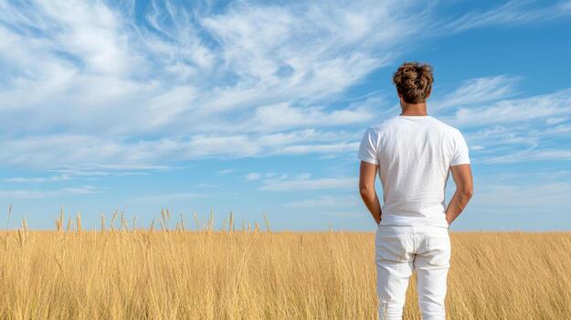 Man stands in golden field, gazing at vast blue sky filled with clouds, reflecting on life photo