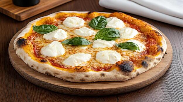 Delicious margherita pizza topped with bubbling mozzarella and fresh basil leaves photo