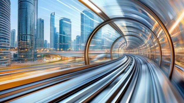 Dynamic cityscape with blurred motion of train tracks and modern skyscrapers photo