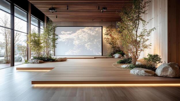 Modern lounge zone with natural elements and projections walls, creating serene atmosphere photo