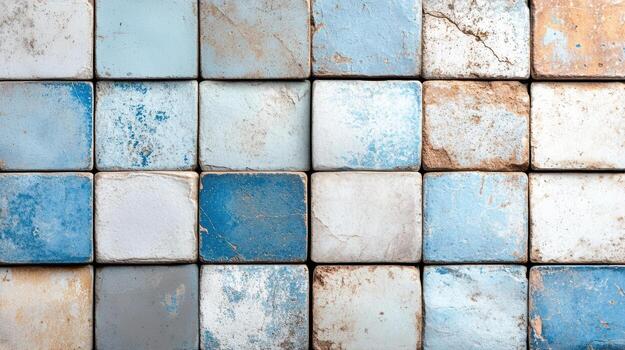 Faded blue tiles arranged in grid pattern, showcasing wear and texture photo