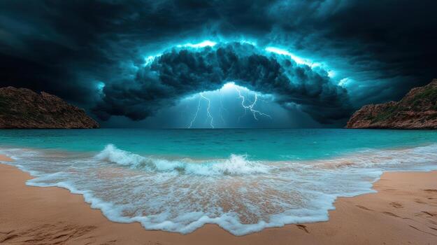Stormy ocean scene with dramatic lightning and dark clouds over water, creating powerful photo