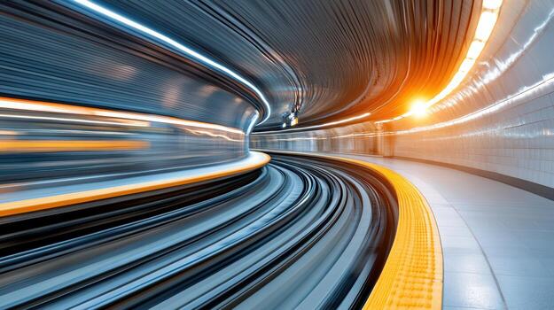 Motion blur subway train entering tunnel, showcasing dynamic curves and vibrant lighting photo