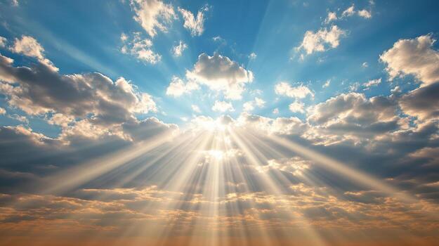 Bright sunbeams breaking through clouds create stunning sky display photo
