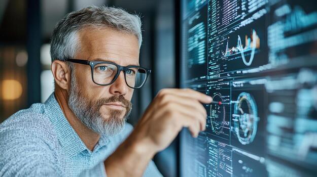 Data analyst working digital interface, analyzing complex information with focus and precision photo