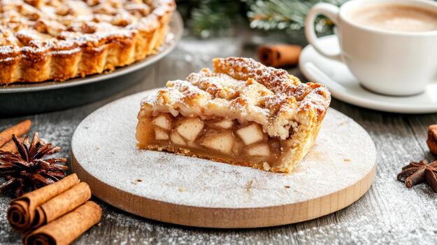 Delicious slice of apple pie with cinnamon, served with hot cocoa and spices photo