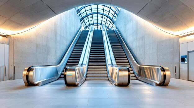 moderno escaleras mecánicas dirigir a subterráneo nivel, exhibiendo pulcro diseño y arquitectura foto