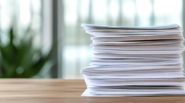 Stack of documents on wooden table with blurred background, conveying organization and paperwork photo