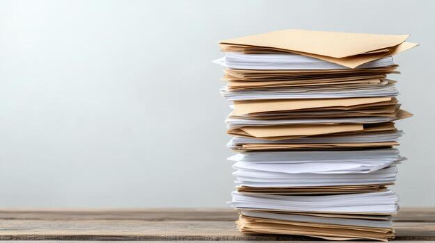 Stack of documents and papers on wooden table, showcasing organization and clutter photo