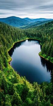 Lake surrounded by evergreen trees photo