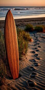 Surfboard on sand during golden hour photo