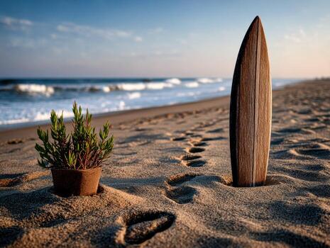 Surfboard and plant on sandy beach photo