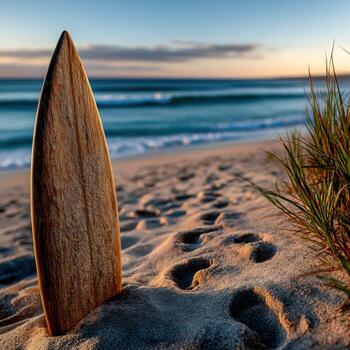 Surfboard stands upright on sandy beach photo