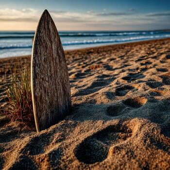 Surfboard stands on sandy shore at sunset photo