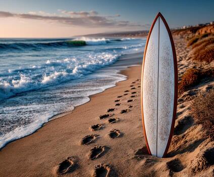 Surfboard stands on sandy beach at sunset photo
