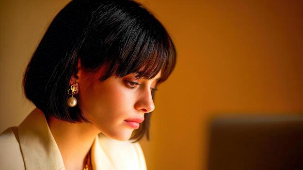 Woman working at computer, evening photo