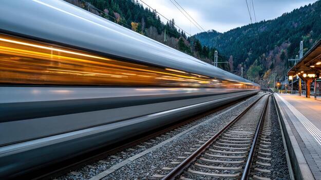 Train leaving remote station at dusk photo