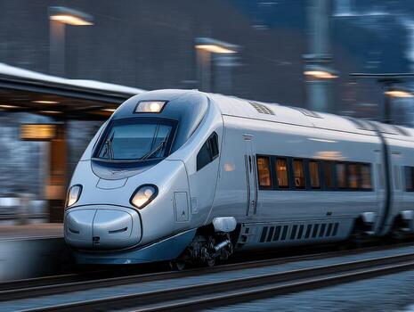 Modern high-speed train in motion at station photo