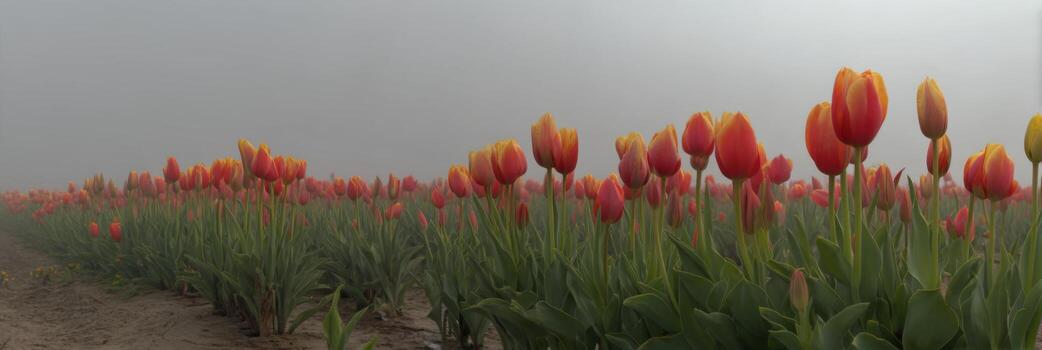 Bright Tulips in Foggy Field at Dawn Showing Nature's Vibrant Colors and Serenity of Spring in a Calm Landscape Scene photo