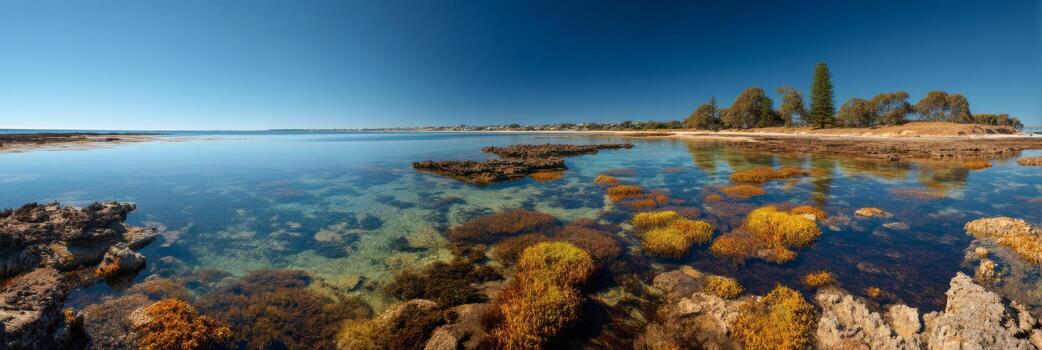 Coastal scenery with clear blue water and colorful seaweed in calm tidal pool at sunny day in natural environment photo