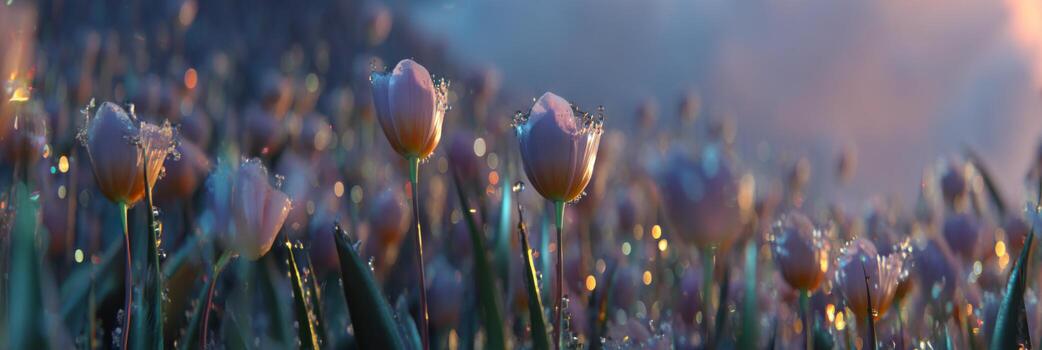 Dew-Kissed Tulips Blooming Under Soft Light in a Vibrant Spring Landscape with a Dreamy Atmosphere and Textured Background photo