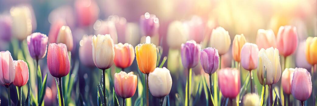 Vibrant Tulip Field at Sunrise with Soft Focus on Blooms and Gentle Light Striking the Colorful Petals in Spring photo