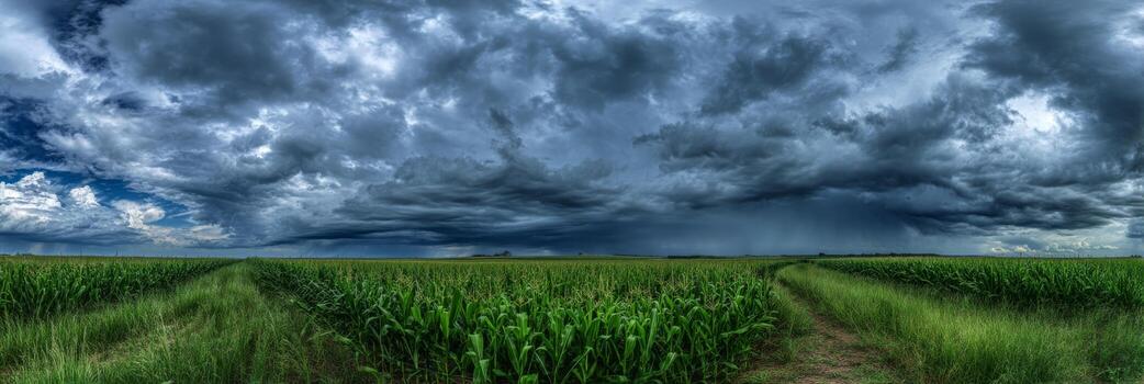 Dramatic Sky Over Lush Green Cornfield with Dark Storm Clouds and Pathways Creating a Scenic Landscape View photo