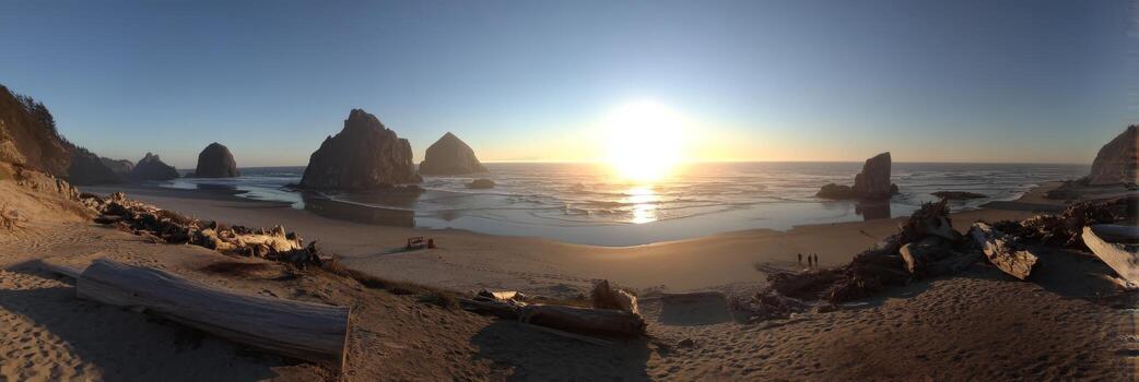 Majestic Sunset Over Serene Beach with Rocky Cliffs and Calm Ocean Waves Creating a Peaceful Coastal Landscape View photo