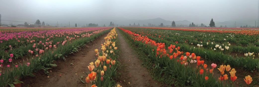 Vibrant Tulip Field in Full Bloom Under a Misty Sky in Early Spring Landscape photo