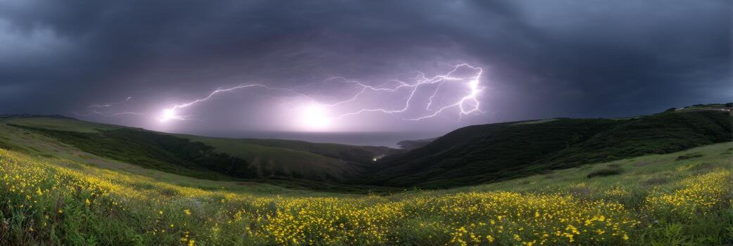 Dramatic Landscape with Thunderstorm and Lightning Over Rolling Hills and Wildflowers in a Moody Sky photo