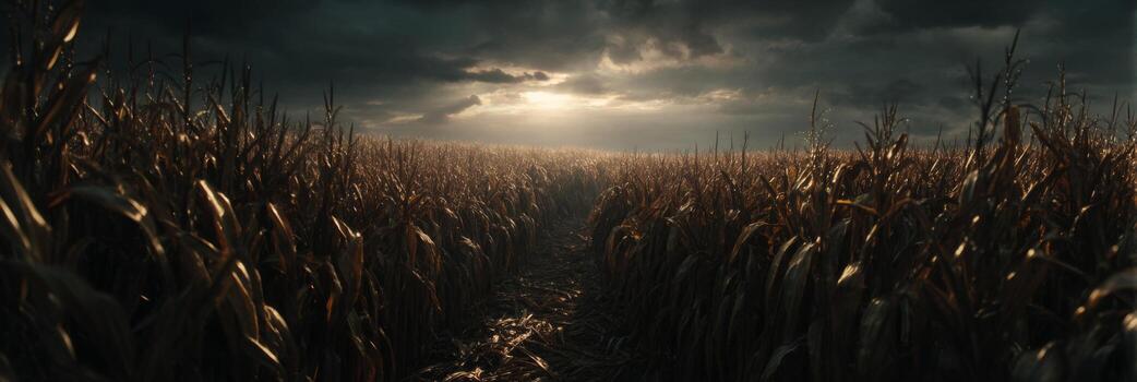 Golden Cornfield Under Dramatic Sky with Sunlight Breaking Through Clouds at Dusk photo