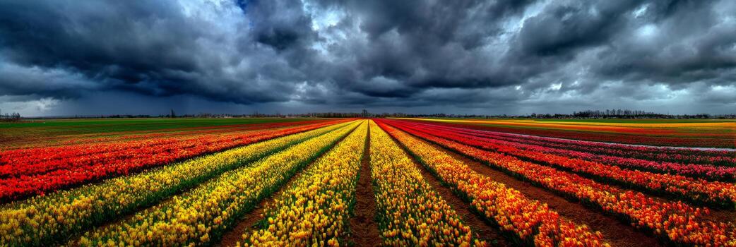 Vibrant Tulip Fields under Dramatic Clouds with Colorful Rows of Flowers in Spring Landscape photo