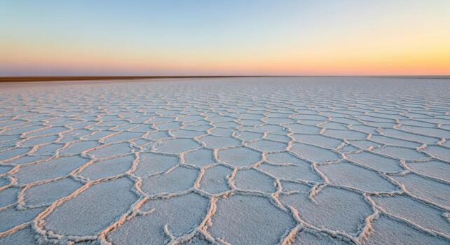 expansivo sal pisos con hexagonal patrones debajo un pastel puesta de sol cielo foto