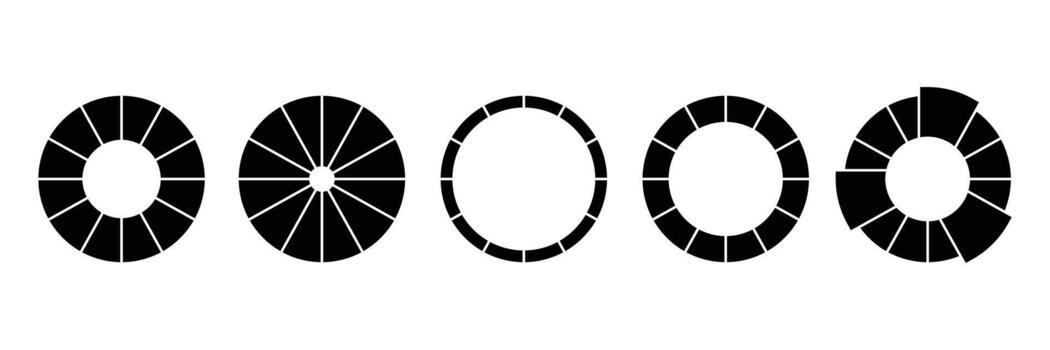 Black Wheel Variations. Circular Rainbow Charts and Segmented Spectrum Designs. vector