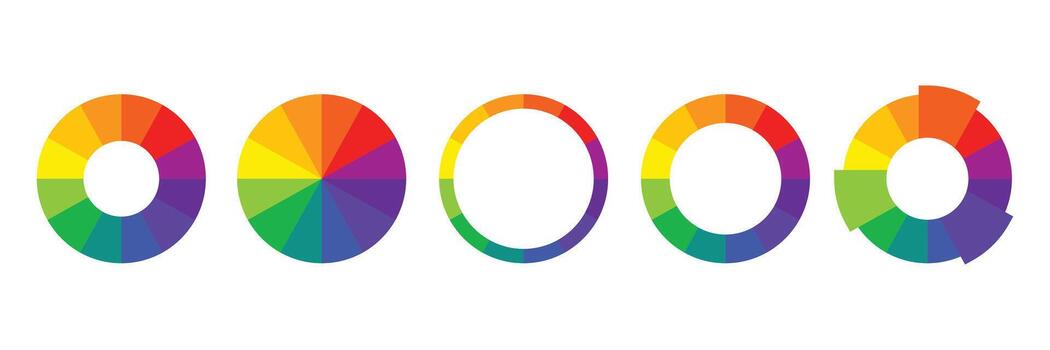 Color Wheel Variations. Circular Rainbow Charts and Segmented Spectrum Designs. vector