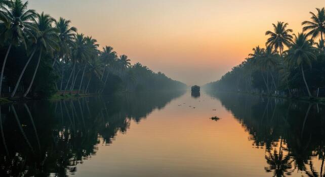 Serene Tropical Canal at Dawn with Houseboat Amidst Palm Trees and Reflections photo