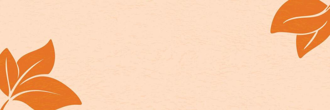 Textured orange autumn background with leaves. Horizontal fall season banner with foliage and craft paper texture. Universal blank autumn template, graphic vector