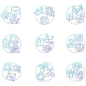 Gap analysis blue gradient concept icons. Difference between current and desired performance. Organization change. Icon pack. Round shape illustrations for presentation. Abstract idea vector